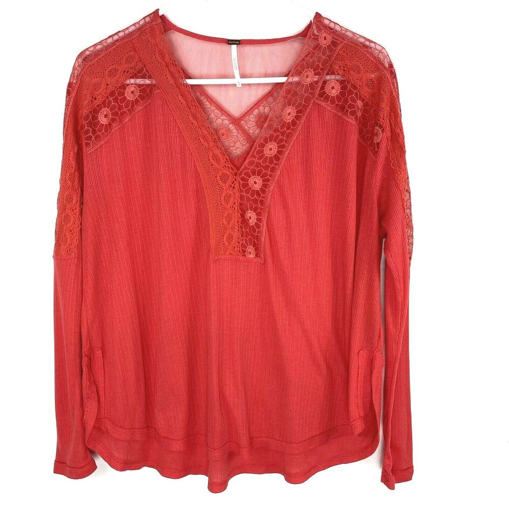 Free People Top Size XS Lola Tee Embroidered Mesh Lace V Neck $78 - Picture 2 of 5